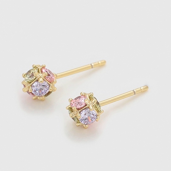 Stud Ball Earrings Colorful CZ Stone 14k Gold Plated Luxury Jewelry - Picture 5 of 10